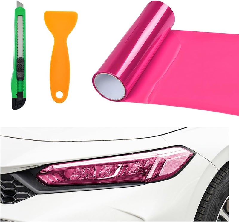 MUQIDA Headlight Vinyl Film Sticker Sheet Roll, 47.2"×11.8" Self-Adhesive Tint Vinyl Film for Car Tail Lights Fog Lights, Air-Release Headlight Tint Wrap Film with Squeegee & Cutter (Pink) - Image 1